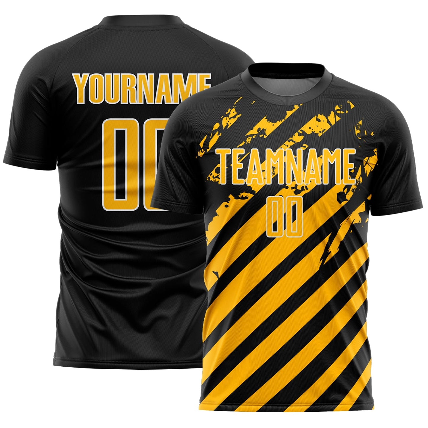 Custom Black Gold-White Distressed Diagonal Stripe Pattern Sports Sublimation Soccer Uniform Jersey - Main View