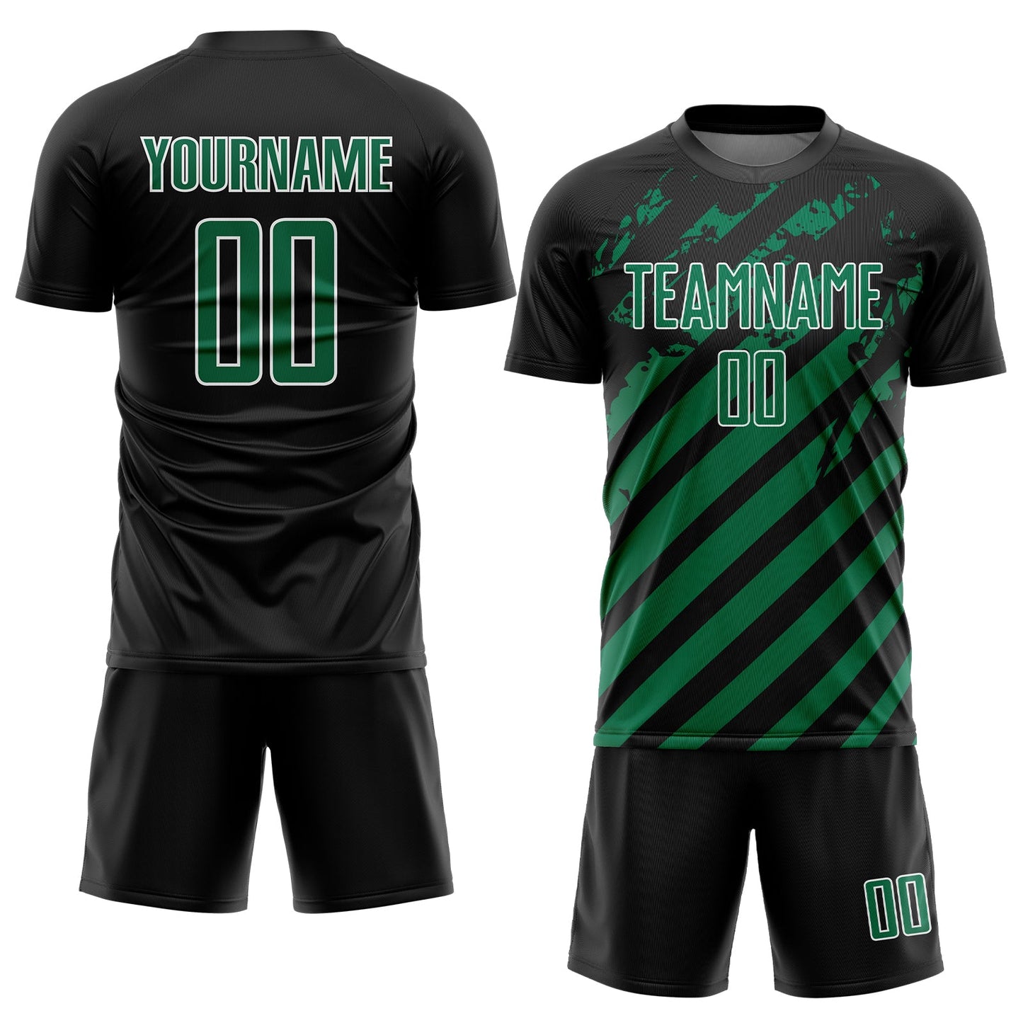 Custom Black Kelly Green-White Distressed Diagonal Stripe Pattern Sports Sublimation Soccer Uniform Jersey view 2