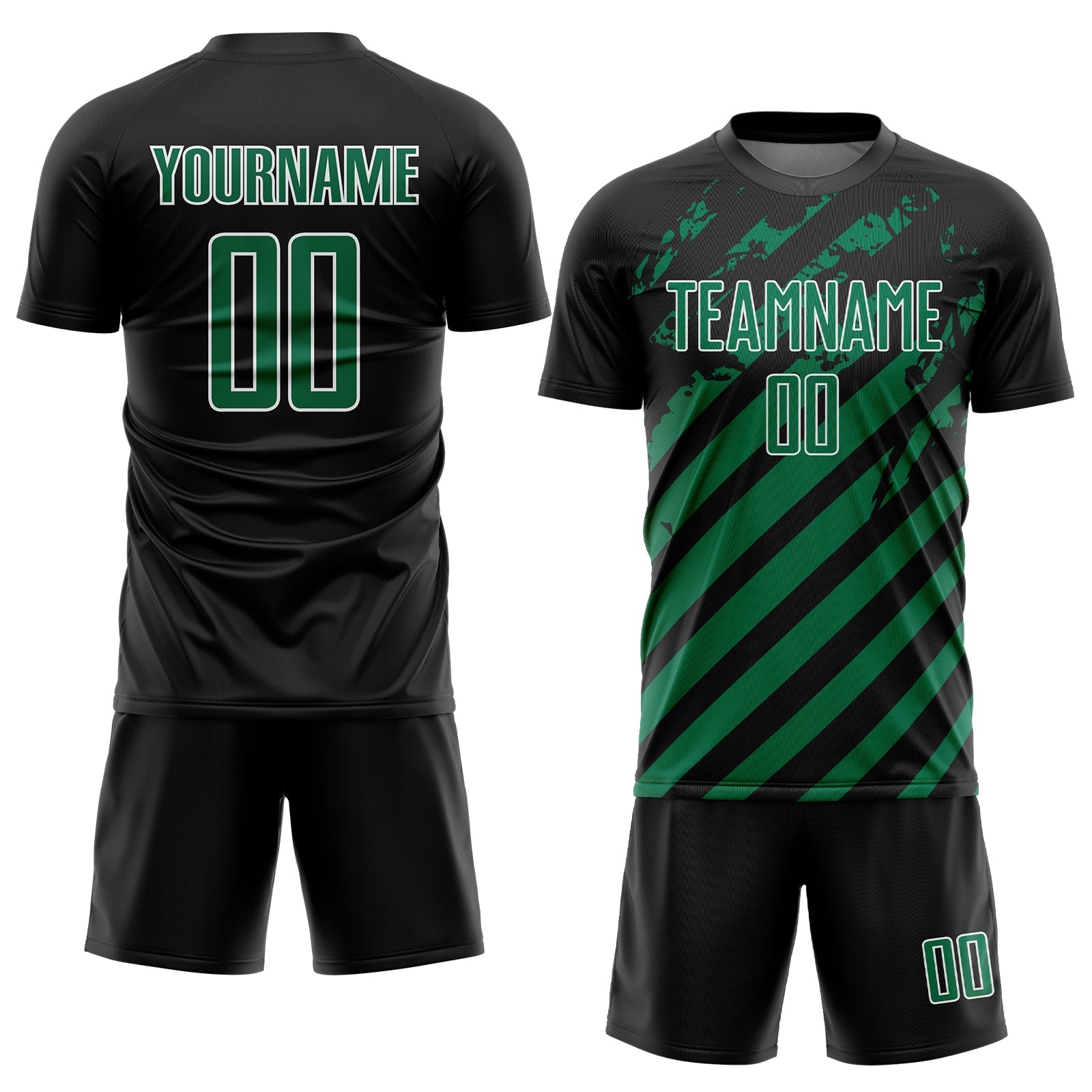 Custom Black Kelly Green-White Distressed Diagonal Stripe Pattern Sports Sublimation Soccer Uniform Jersey view 2