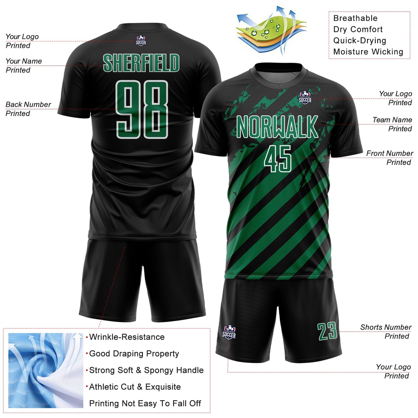 Custom Black Kelly Green-White Distressed Diagonal Stripe Pattern Sports Sublimation Soccer Uniform Jersey view 4