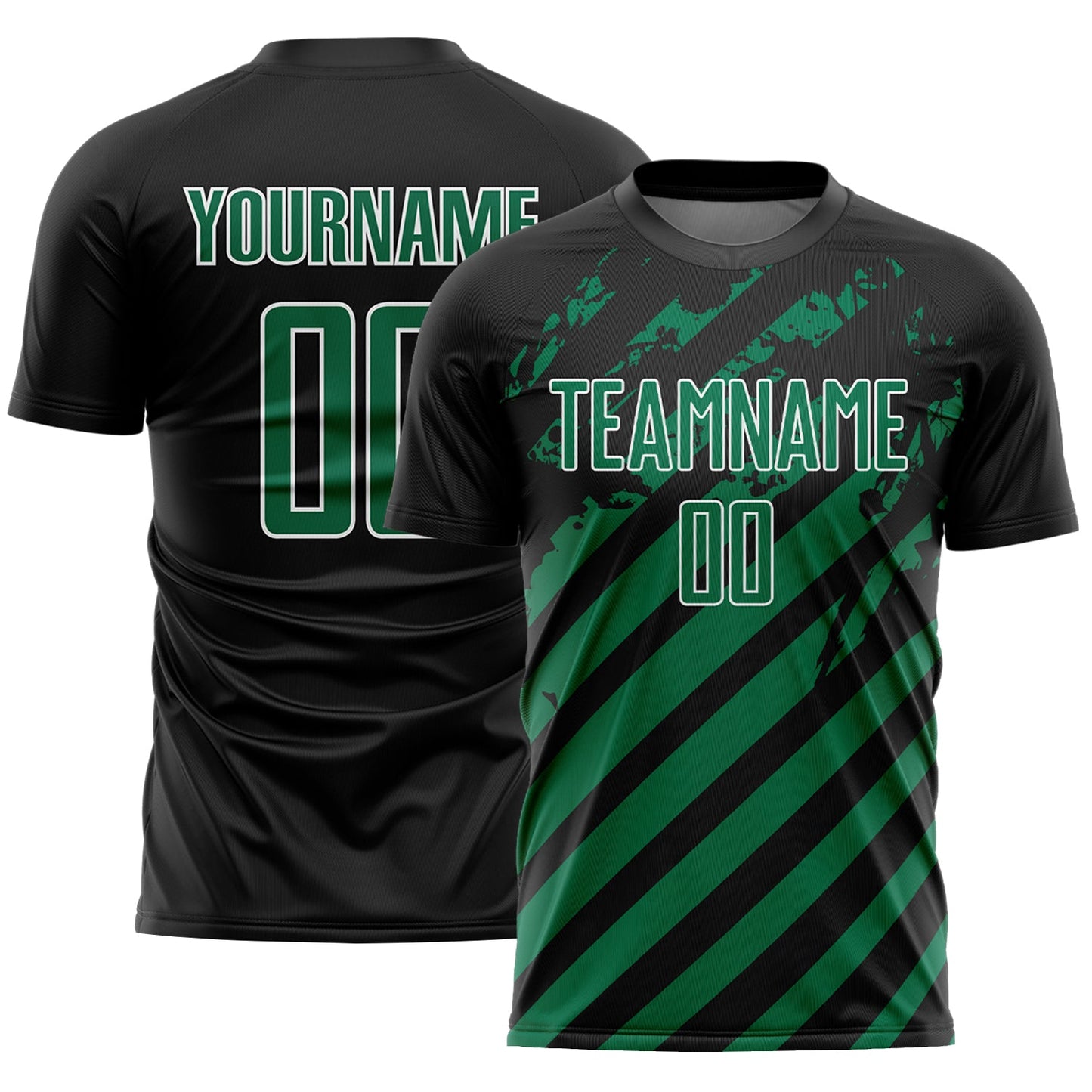 Custom Black Kelly Green-White Distressed Diagonal Stripe Pattern Sports Sublimation Soccer Uniform Jersey - Main View