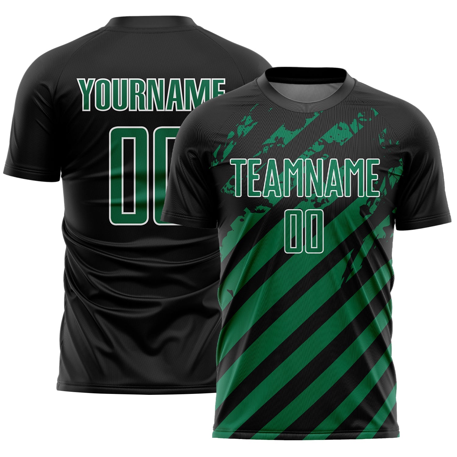 Custom Black Kelly Green-White Distressed Diagonal Stripe Pattern Sports Sublimation Soccer Uniform Jersey - Main View