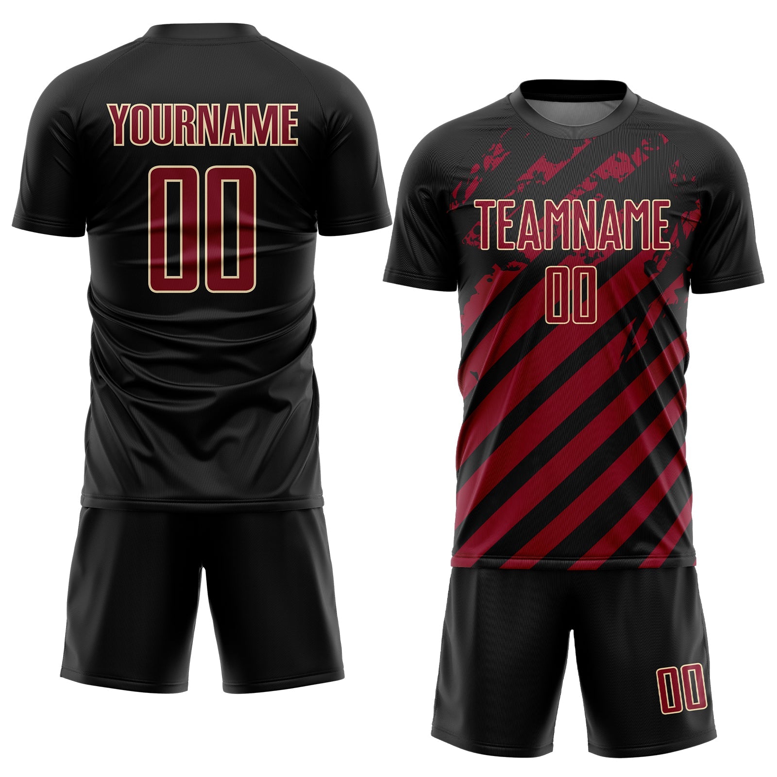 Custom Black Crimson-Cream Distressed Diagonal Stripe Pattern Sports Sublimation Soccer Uniform Jersey view 2
