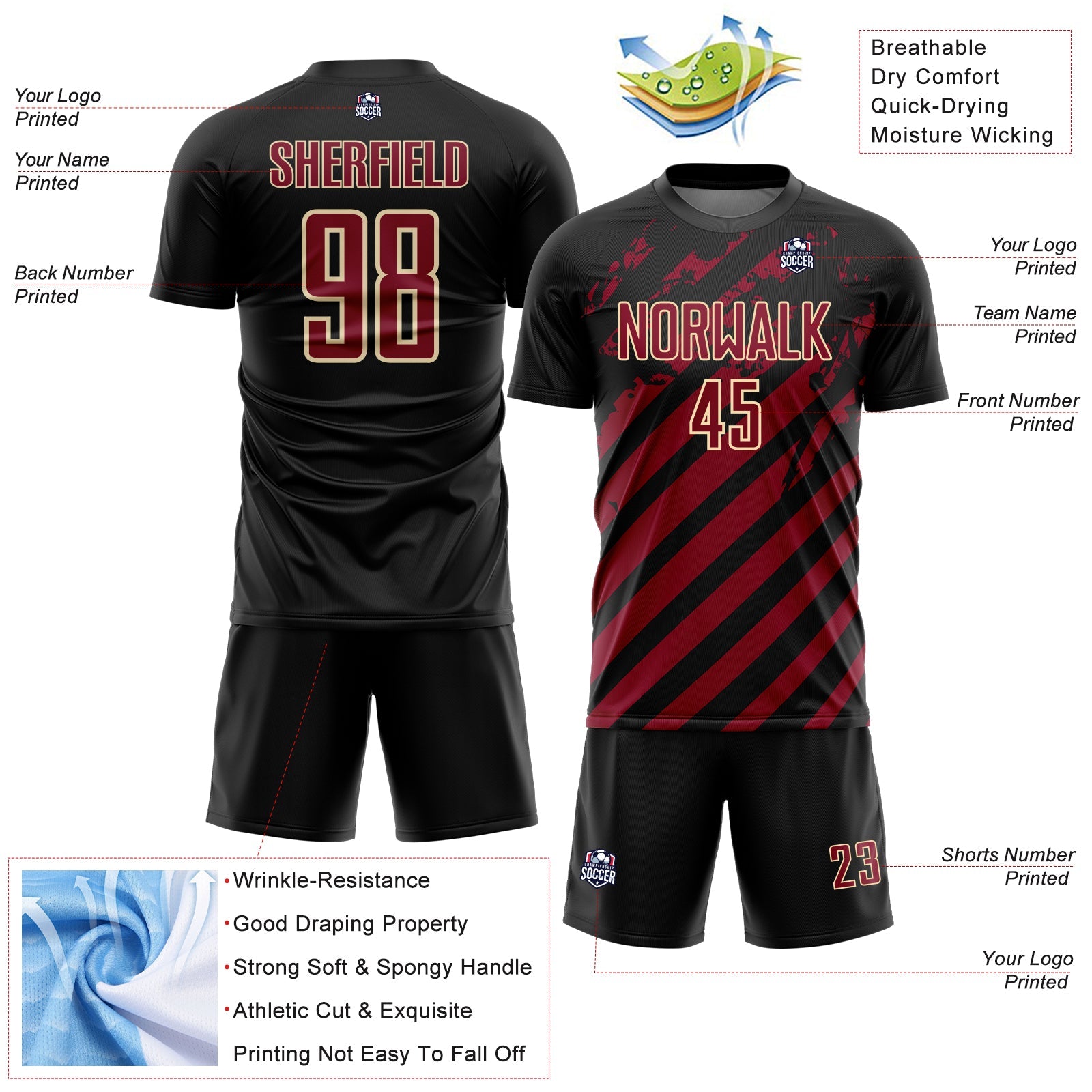 Custom Black Crimson-Cream Distressed Diagonal Stripe Pattern Sports Sublimation Soccer Uniform Jersey view 4