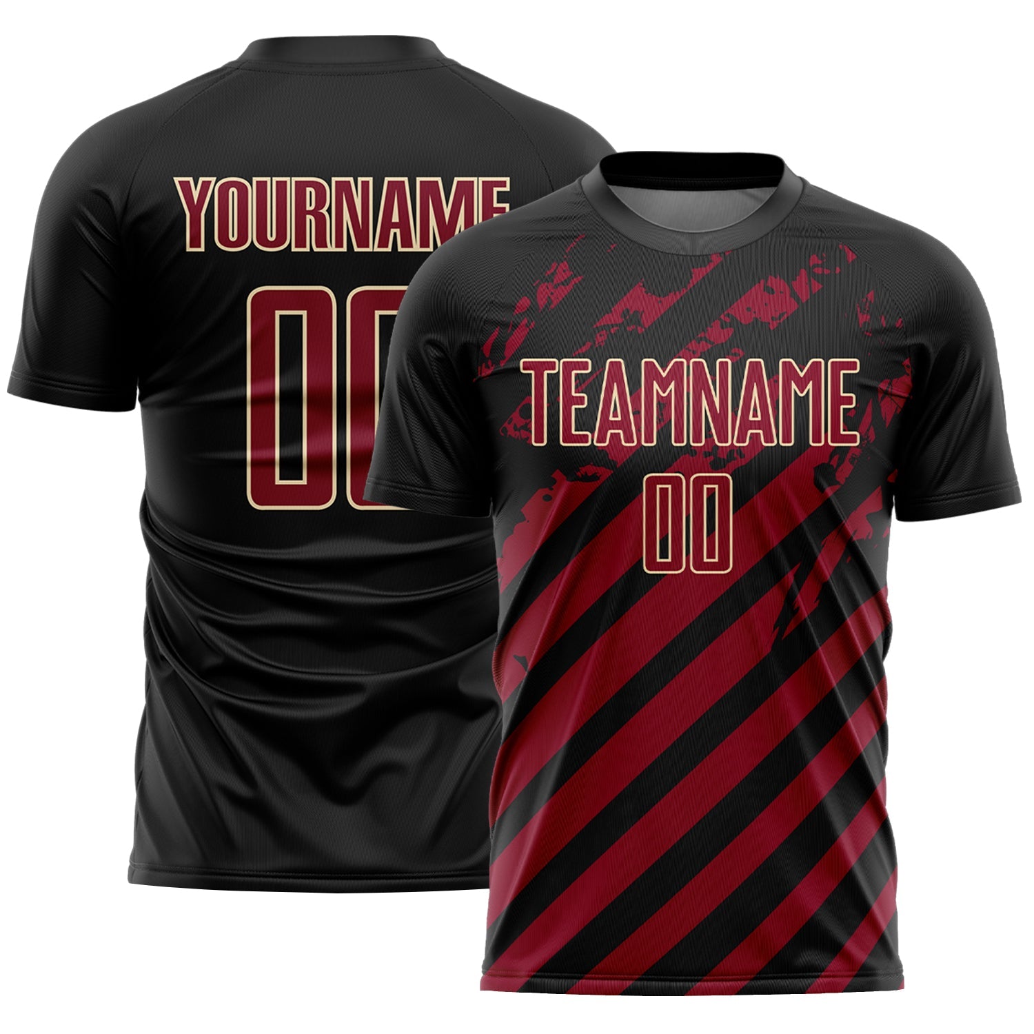 Custom Black Crimson-Cream Distressed Diagonal Stripe Pattern Sports Sublimation Soccer Uniform Jersey - Main View