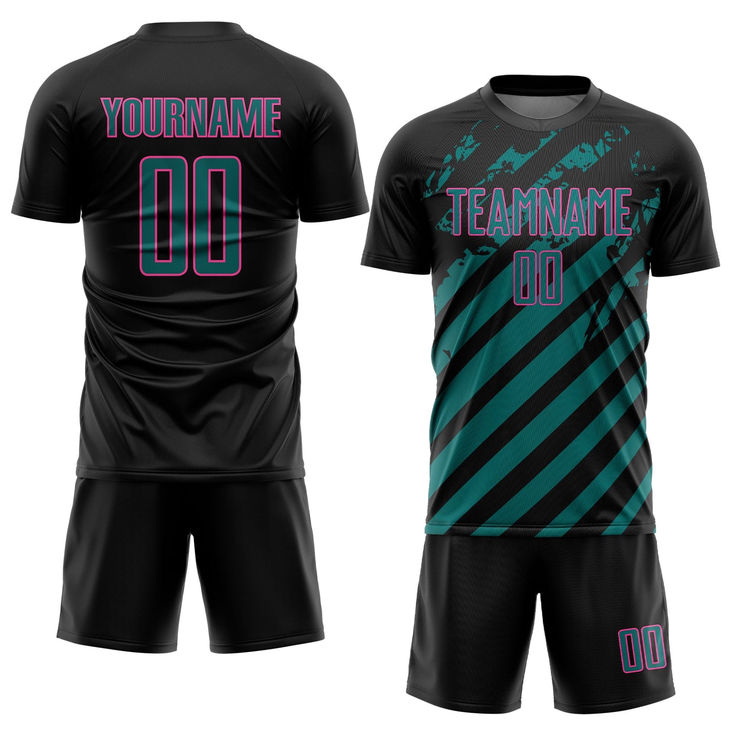 Custom Black Teal-Pink Distressed Diagonal Stripe Pattern Sports Sublimation Soccer Uniform Jersey view 2