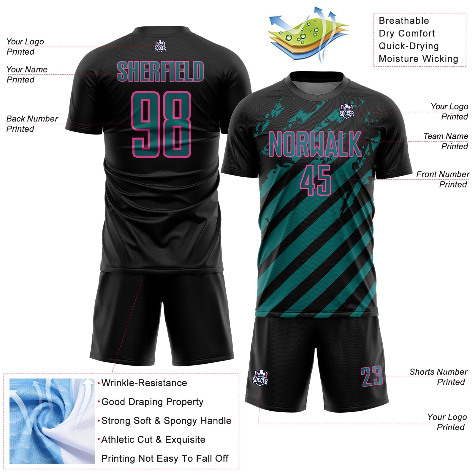 Custom Black Teal-Pink Distressed Diagonal Stripe Pattern Sports Sublimation Soccer Uniform Jersey view 4