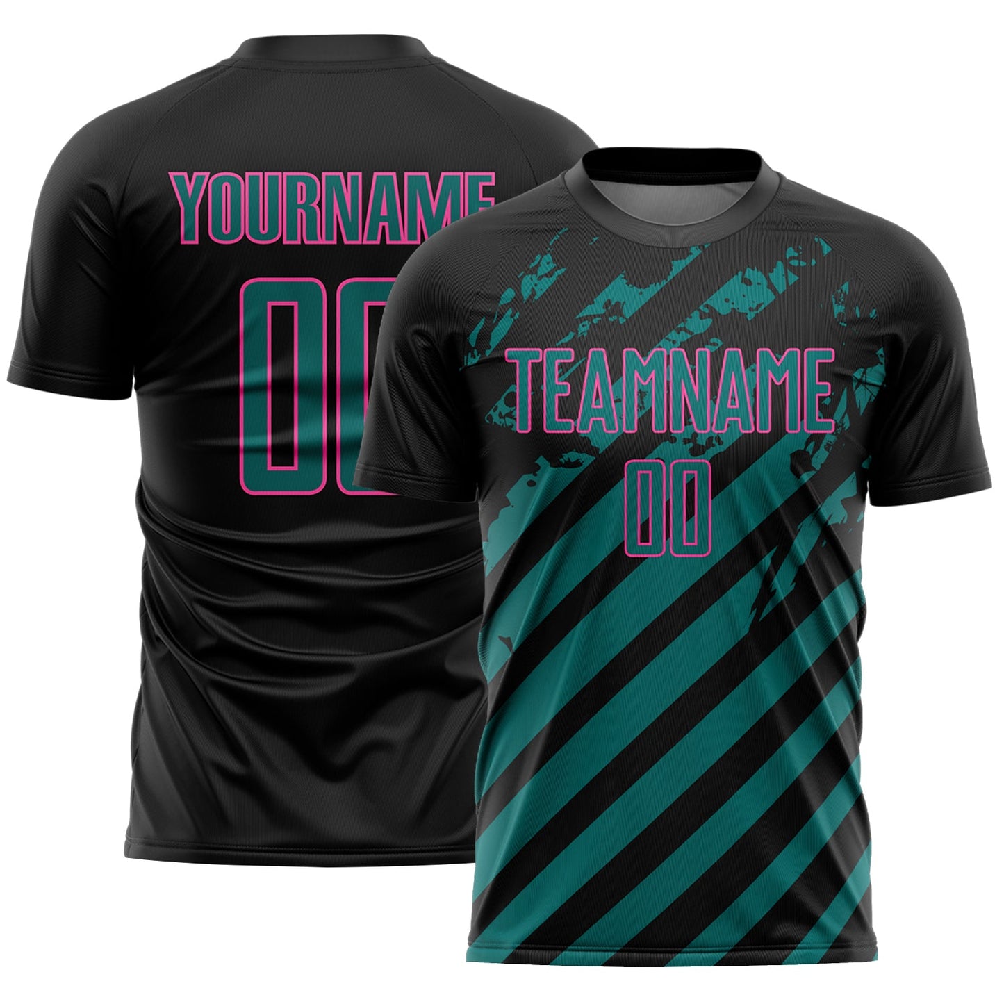Custom Black Teal-Pink Distressed Diagonal Stripe Pattern Sports Sublimation Soccer Uniform Jersey - Main View