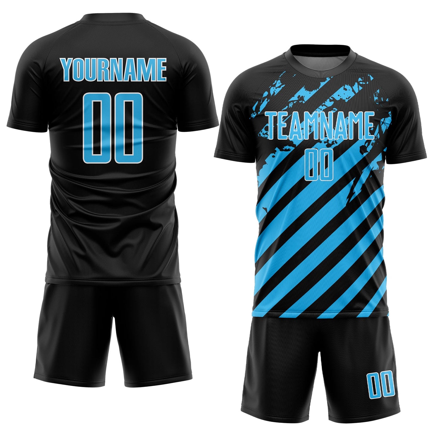 Custom Black Sky Blue-White Distressed Diagonal Stripe Pattern Sports Sublimation Soccer Uniform Jersey view 2