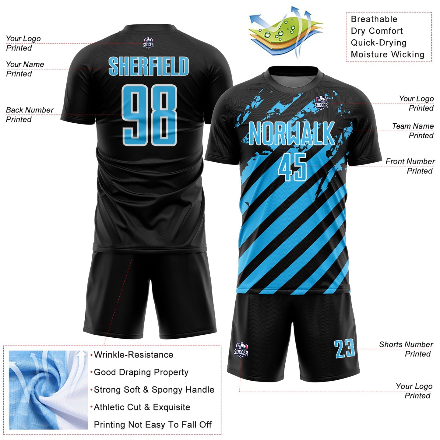 Custom Black Sky Blue-White Distressed Diagonal Stripe Pattern Sports Sublimation Soccer Uniform Jersey view 4