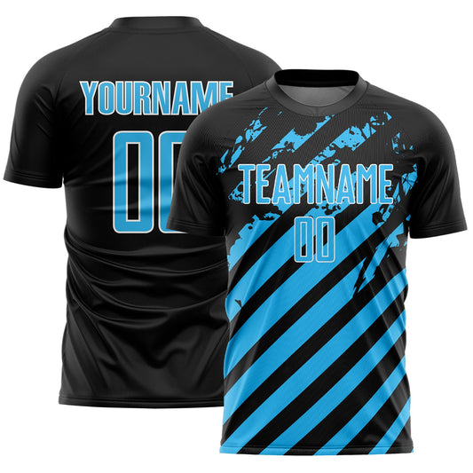 Custom Black Sky Blue-White Distressed Diagonal Stripe Pattern Sports Sublimation Soccer Uniform Jersey - Main View