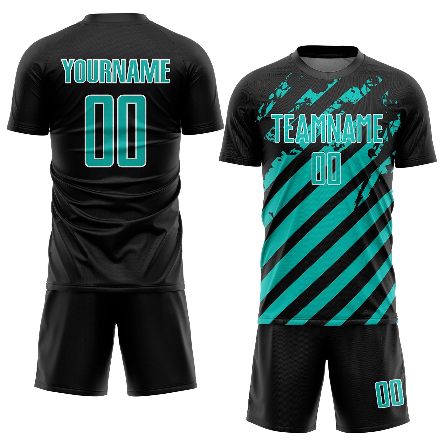 Custom Black Aqua-White Distressed Diagonal Stripe Pattern Sports Sublimation Soccer Uniform Jersey view 2