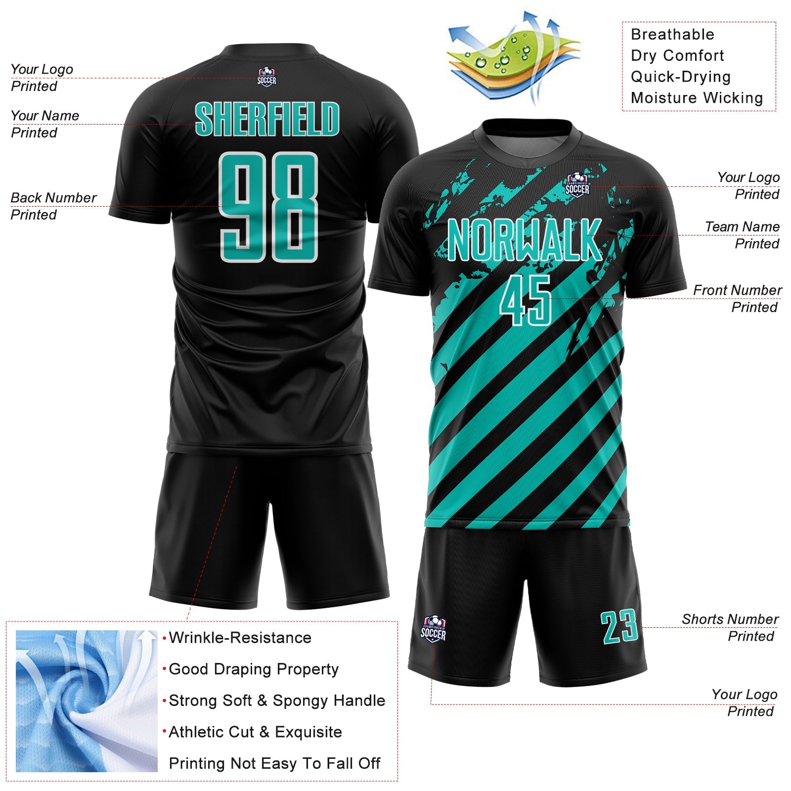 Custom Black Aqua-White Distressed Diagonal Stripe Pattern Sports Sublimation Soccer Uniform Jersey view 4