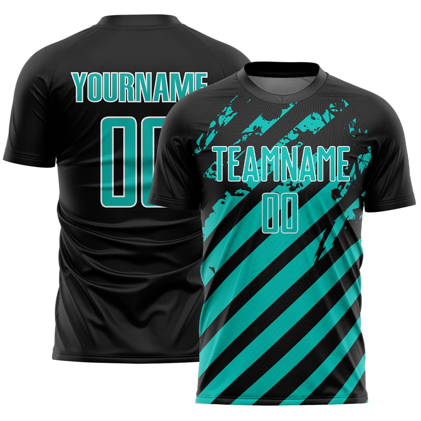 Custom Black Aqua-White Distressed Diagonal Stripe Pattern Sports Sublimation Soccer Uniform Jersey - Main View
