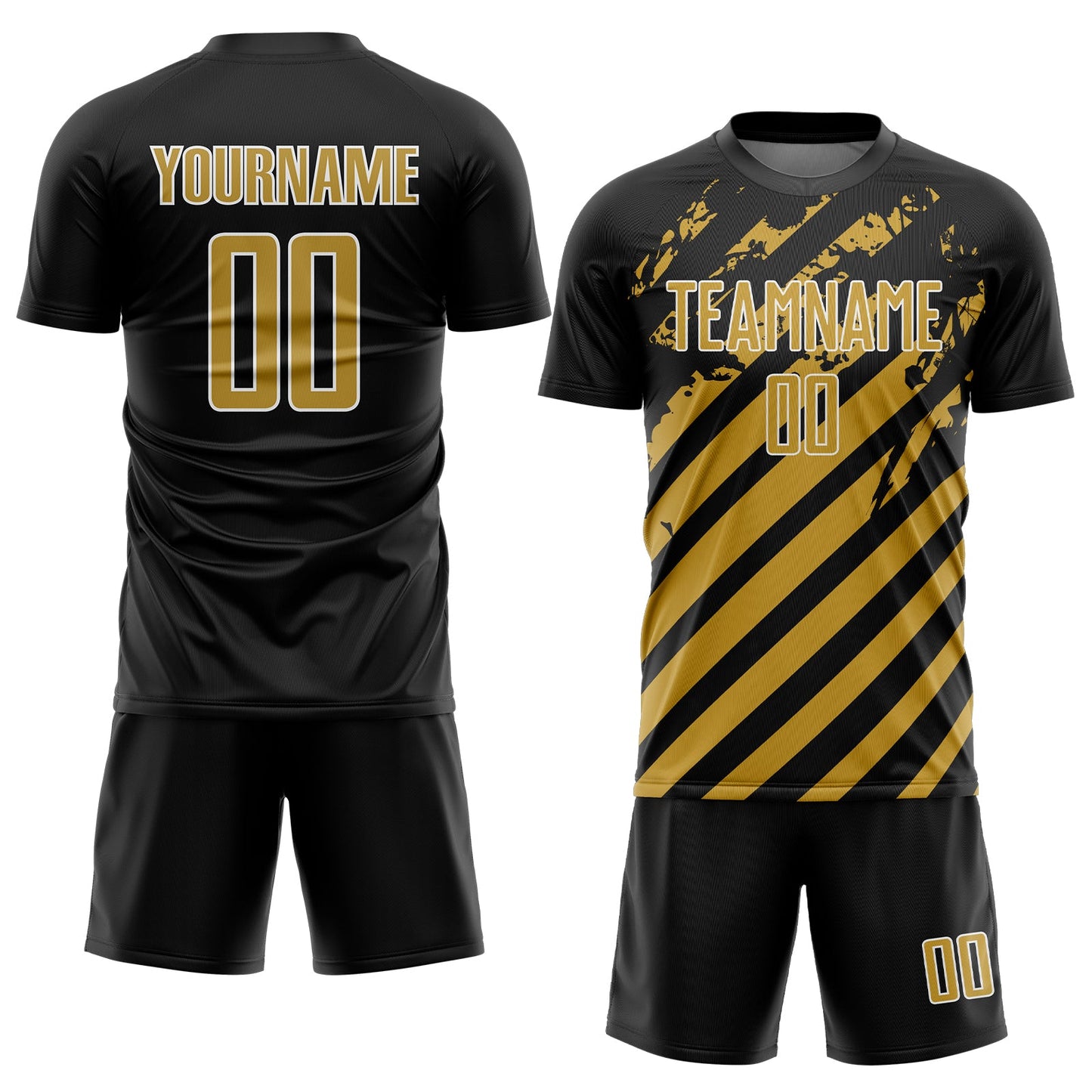 Custom Black Old Gold-White Distressed Diagonal Stripe Pattern Sports Sublimation Soccer Uniform Jersey view 2