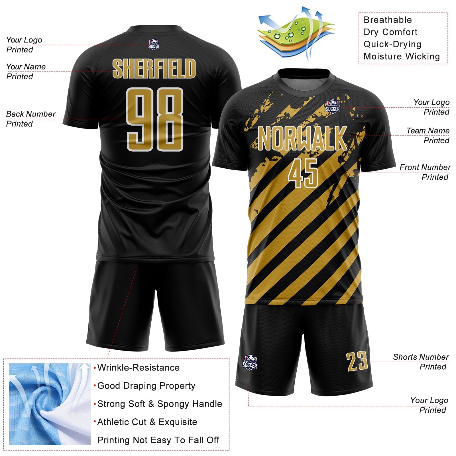 Custom Black Old Gold-White Distressed Diagonal Stripe Pattern Sports Sublimation Soccer Uniform Jersey view 4