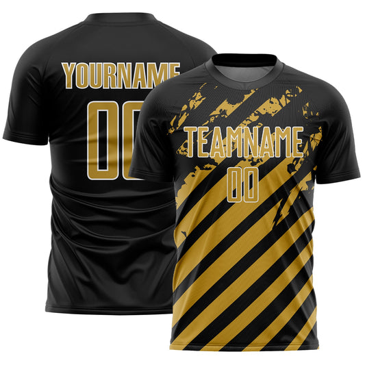 Custom Black Old Gold-White Distressed Diagonal Stripe Pattern Sports Sublimation Soccer Uniform Jersey - Main View