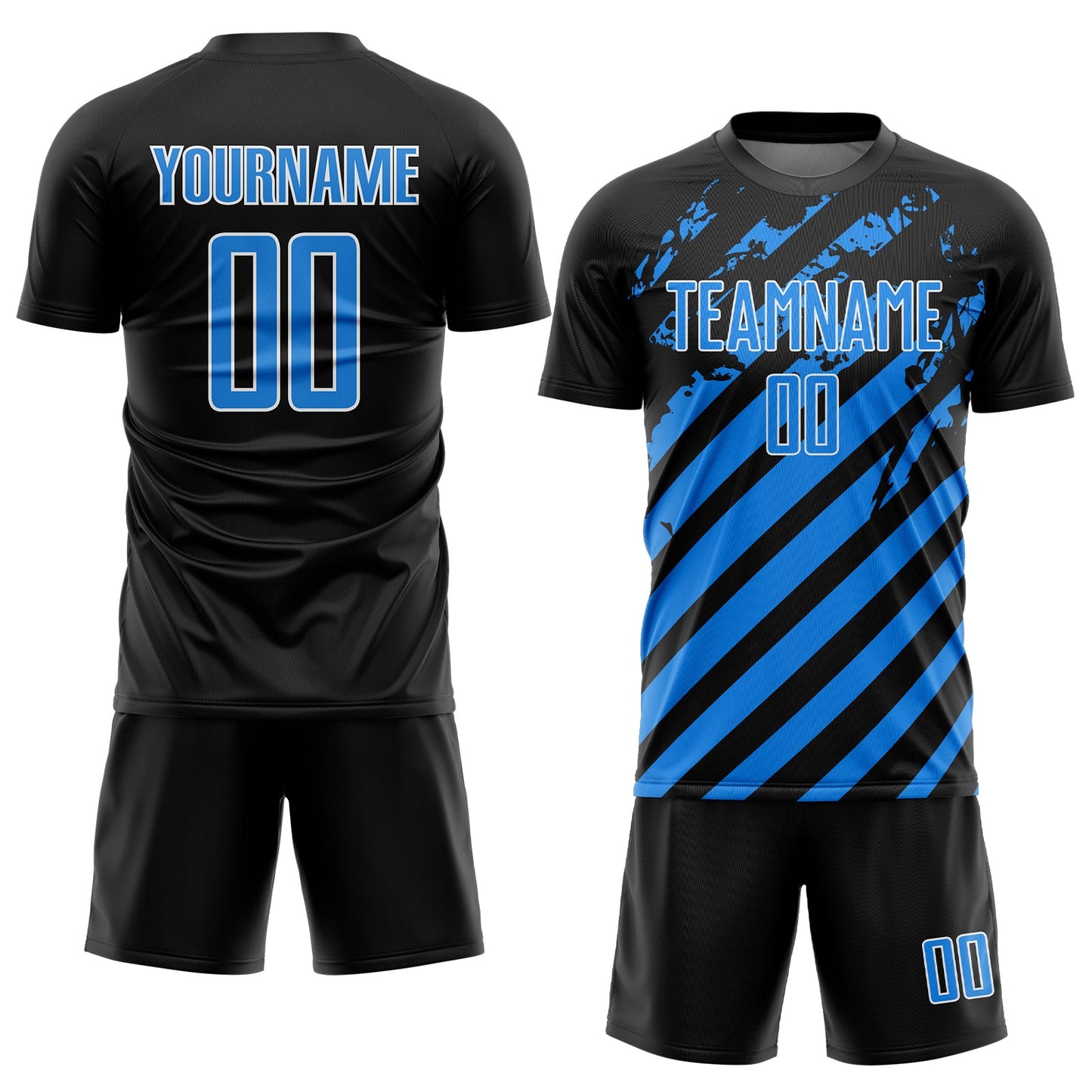 Custom Black Powder Blue-White Distressed Diagonal Stripe Pattern Sports Sublimation Soccer Uniform Jersey view 2