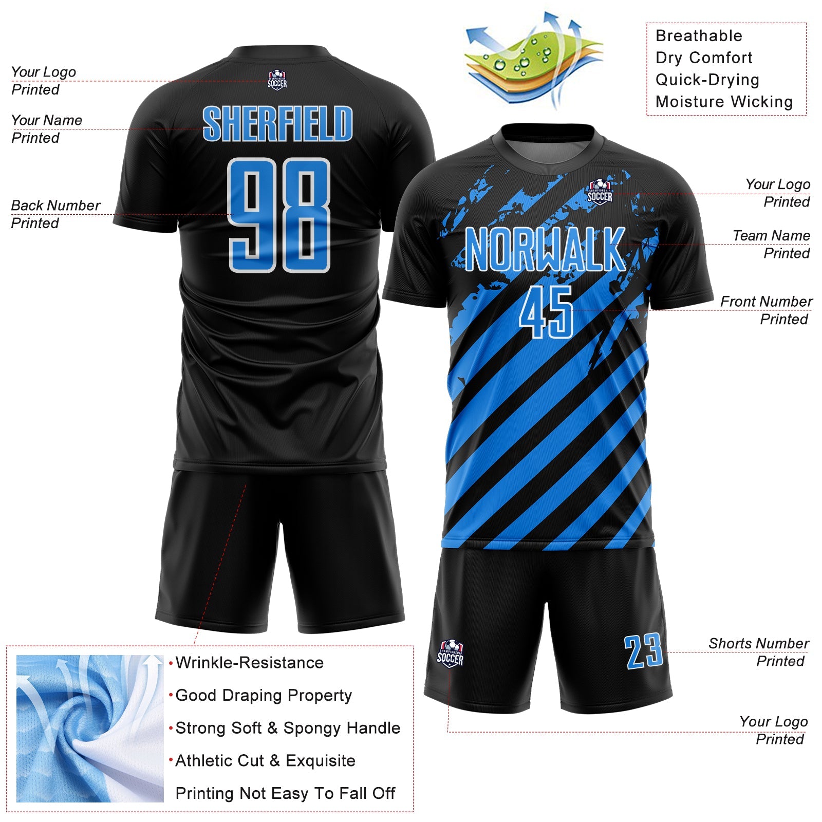 Custom Black Powder Blue-White Distressed Diagonal Stripe Pattern Sports Sublimation Soccer Uniform Jersey view 4