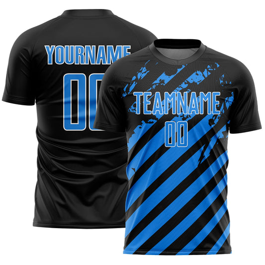 Custom Black Powder Blue-White Distressed Diagonal Stripe Pattern Sports Sublimation Soccer Uniform Jersey - Main View
