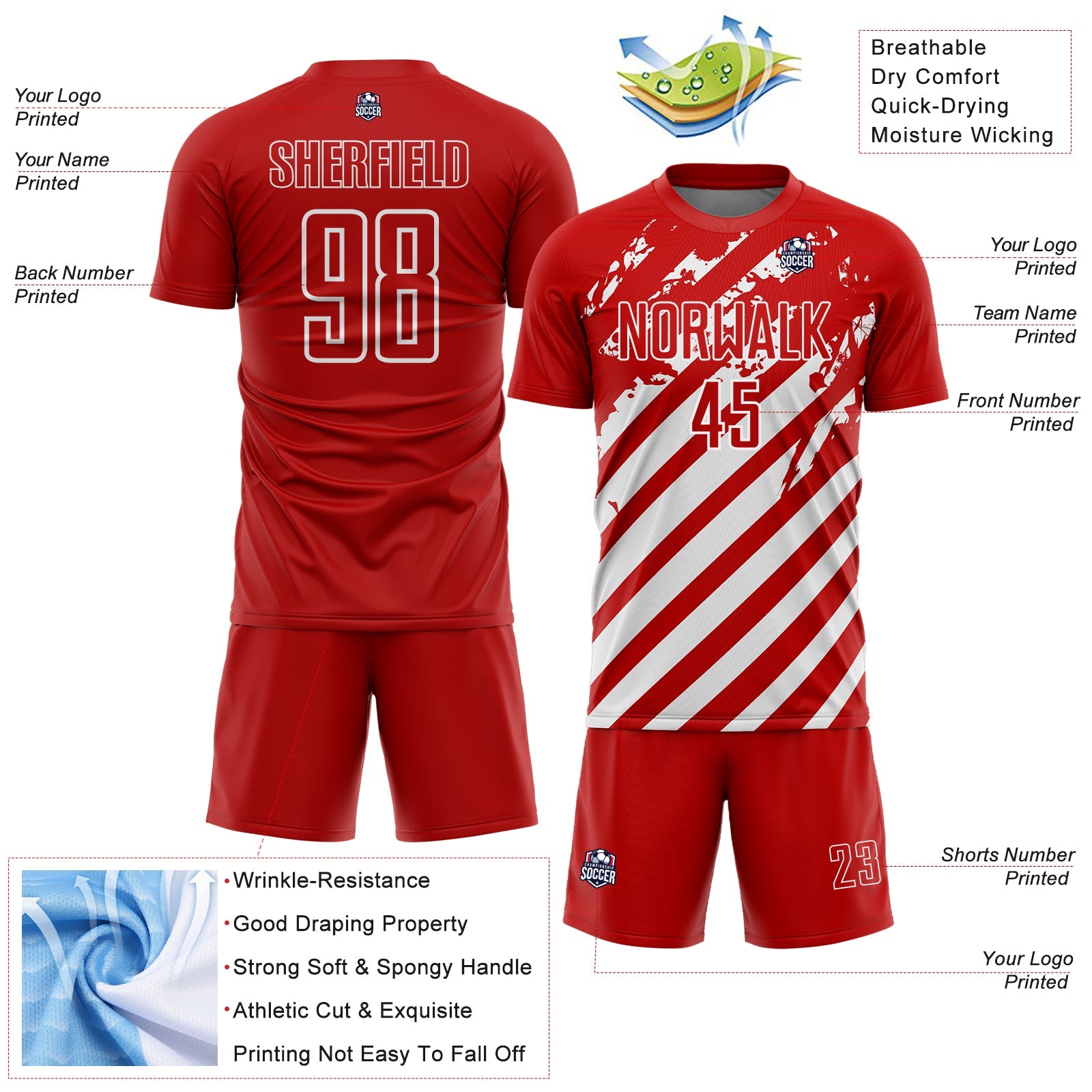 Custom Red White Distressed Diagonal Stripe Pattern Sports Sublimation Soccer Uniform Jersey view 4