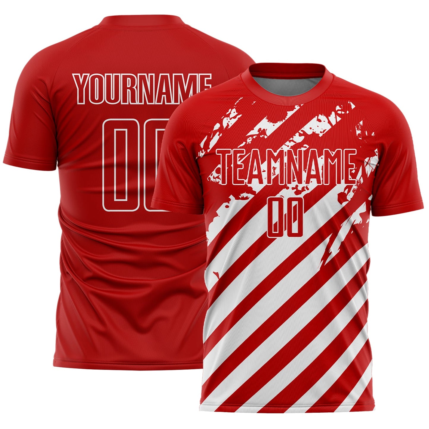 Custom Red White Distressed Diagonal Stripe Pattern Sports Sublimation Soccer Uniform Jersey - Main View