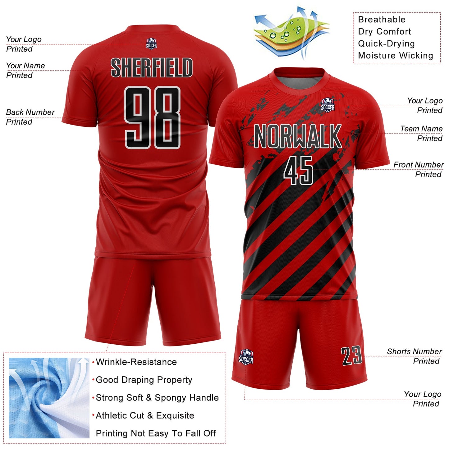 Custom Red Black-White Distressed Diagonal Stripe Pattern Sports Sublimation Soccer Uniform Jersey view 4