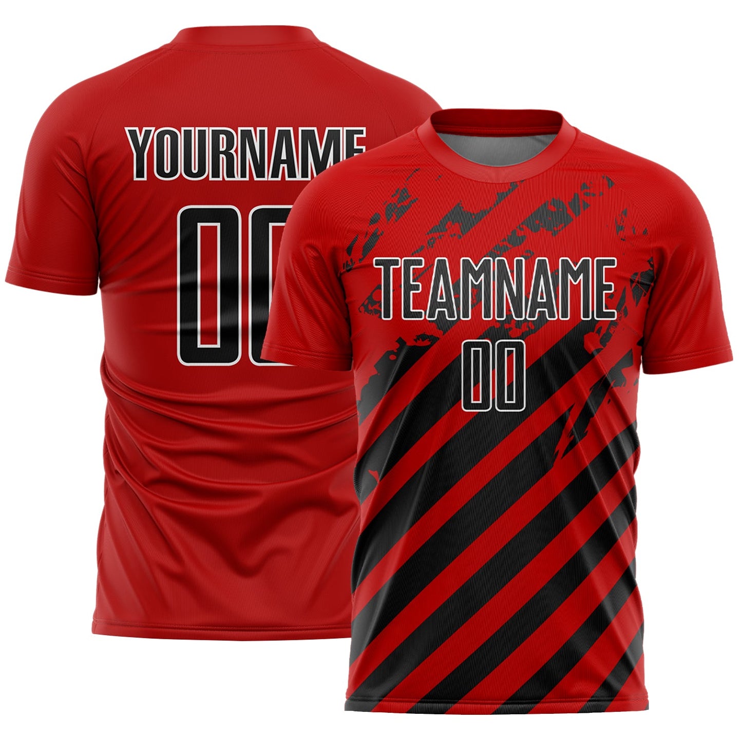 Custom Red Black-White Distressed Diagonal Stripe Pattern Sports Sublimation Soccer Uniform Jersey - Main View