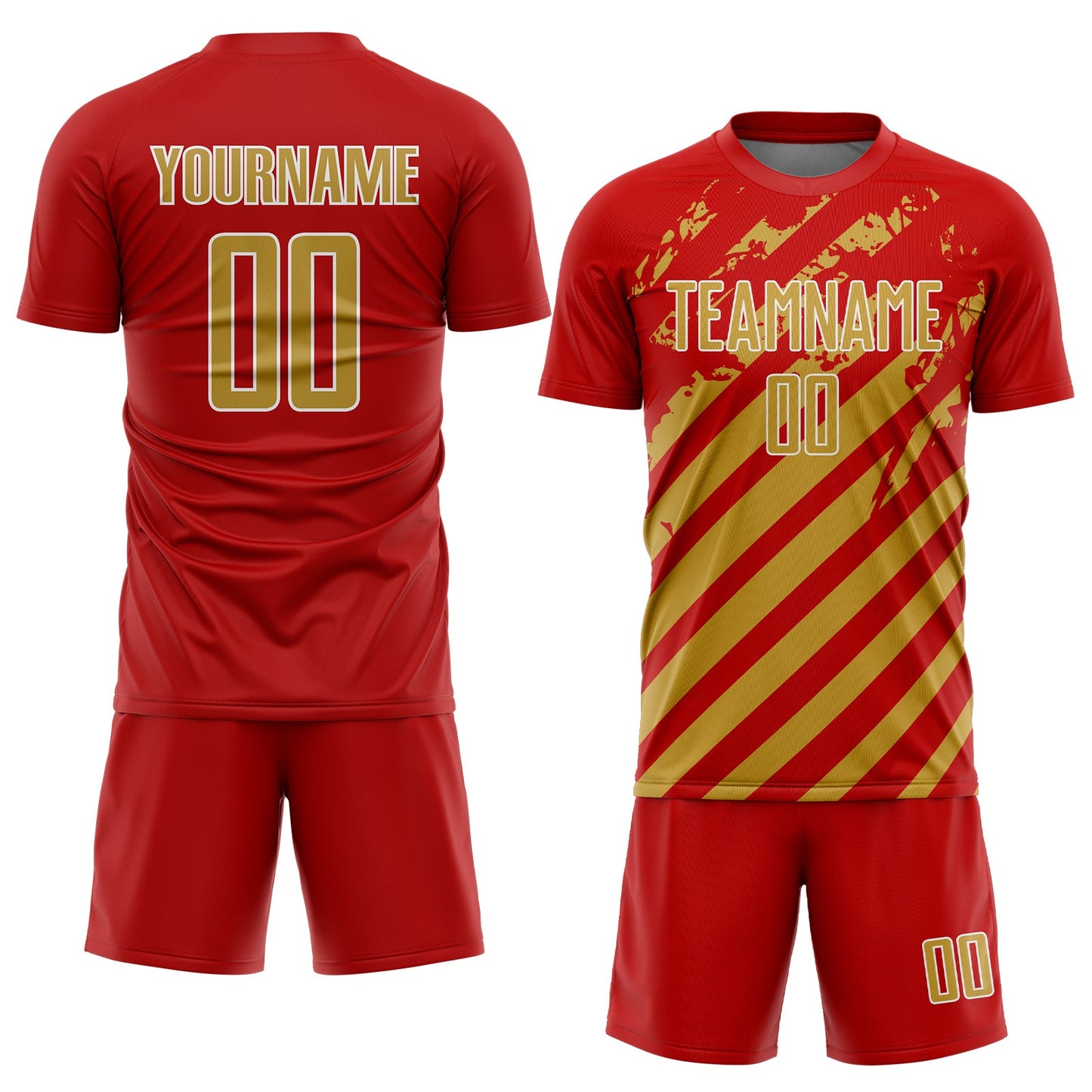 Custom Red Old Gold-White Distressed Diagonal Stripe Pattern Sports Sublimation Soccer Uniform Jersey view 2