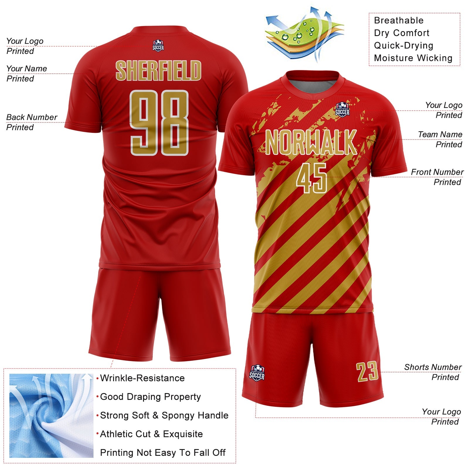Custom Red Old Gold-White Distressed Diagonal Stripe Pattern Sports Sublimation Soccer Uniform Jersey view 4