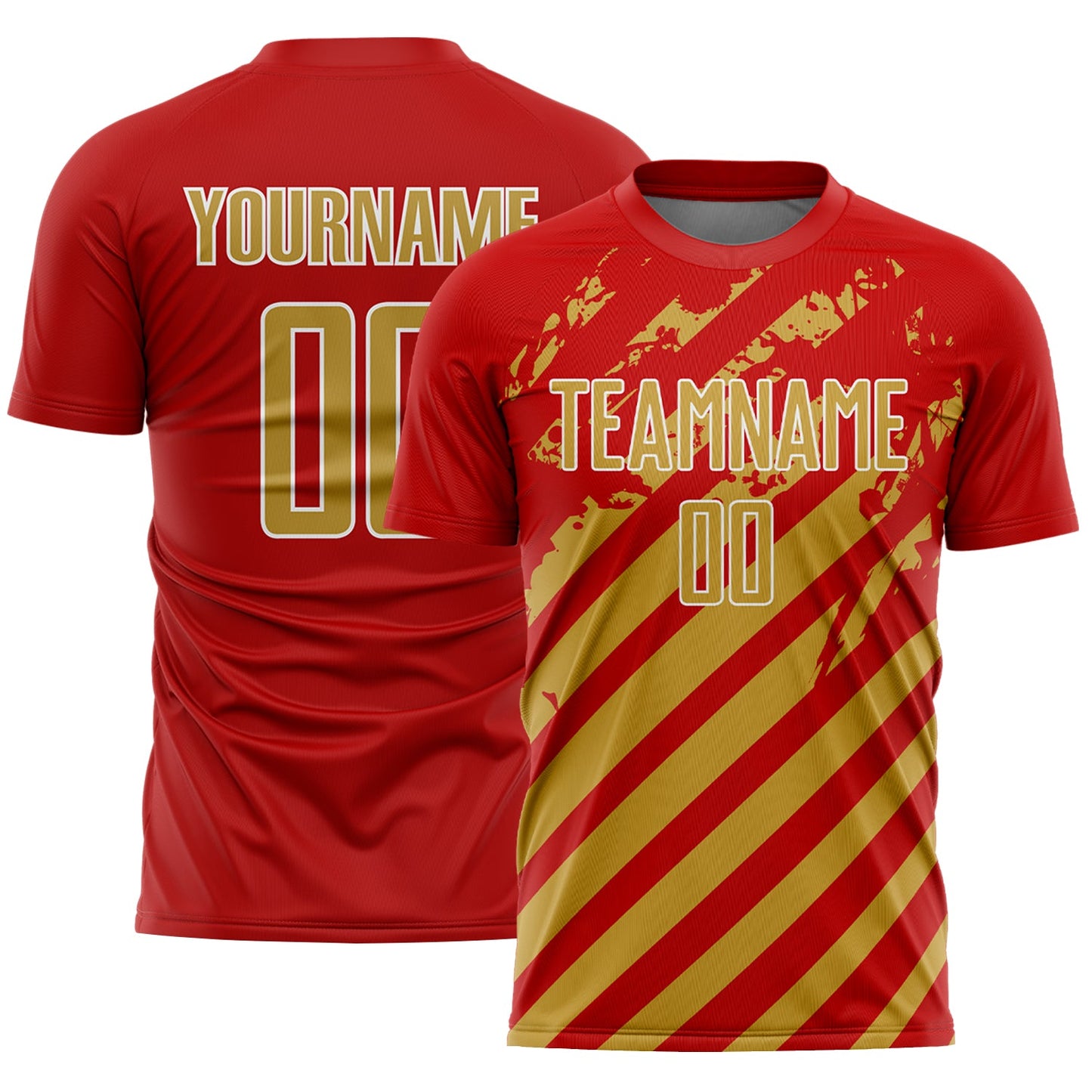 Custom Red Old Gold-White Distressed Diagonal Stripe Pattern Sports Sublimation Soccer Uniform Jersey - Main View