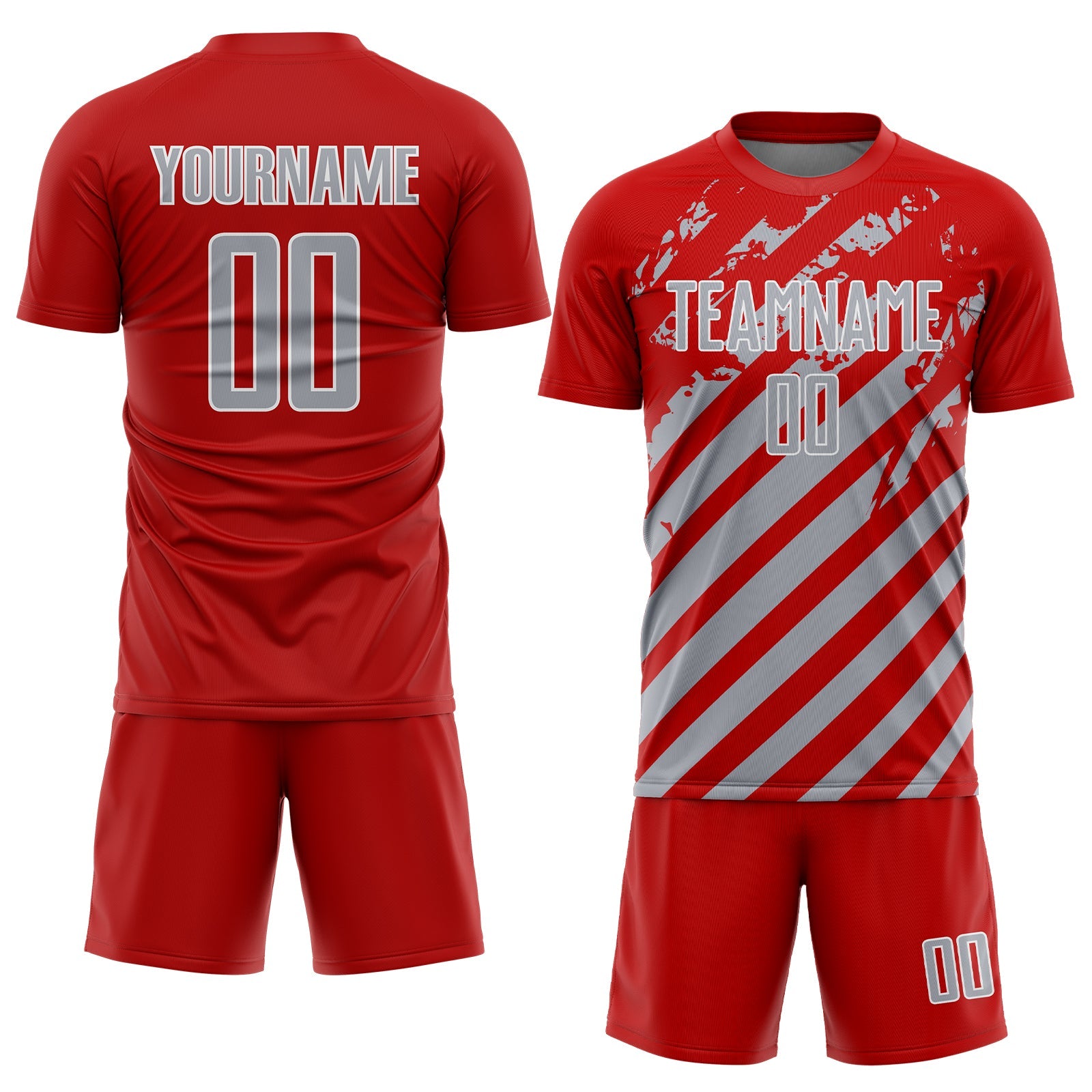 Custom Red Gray-White Distressed Diagonal Stripe Pattern Sports Sublimation Soccer Uniform Jersey view 2