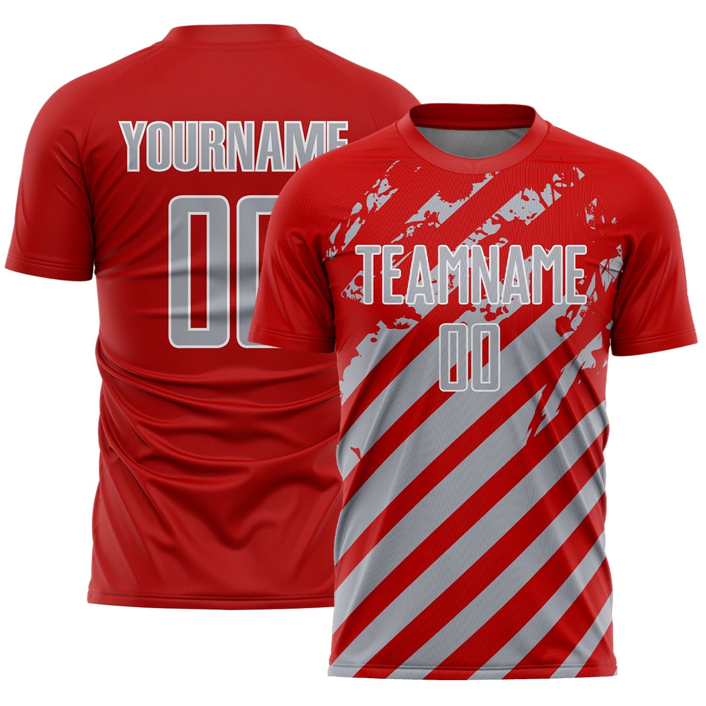Custom Red Gray-White Distressed Diagonal Stripe Pattern Sports Sublimation Soccer Uniform Jersey - Main View