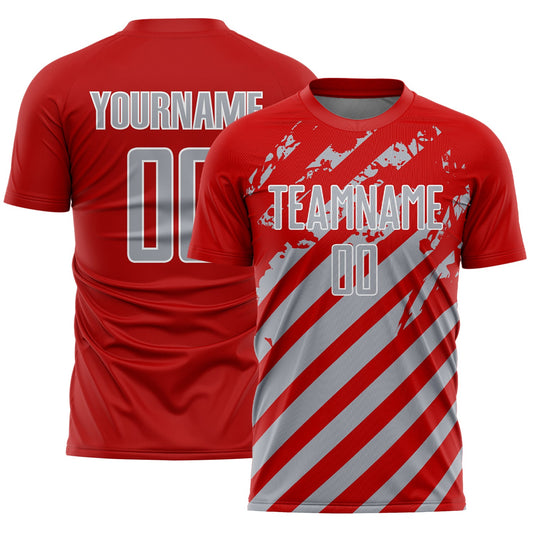 Custom Red Gray-White Distressed Diagonal Stripe Pattern Sports Sublimation Soccer Uniform Jersey - Main View