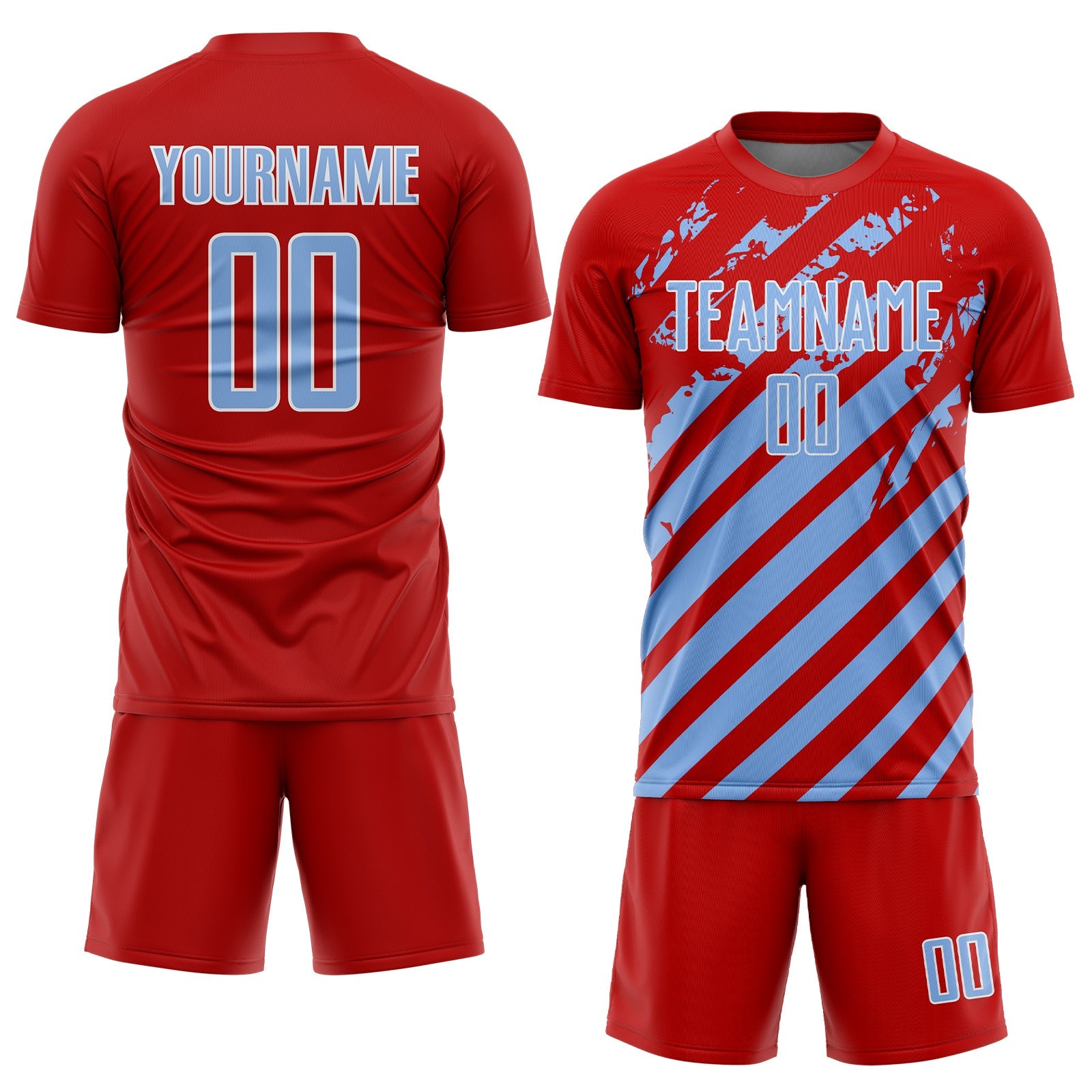 Custom Red Light Blue-White Distressed Diagonal Stripe Pattern Sports Sublimation Soccer Uniform Jersey view 2