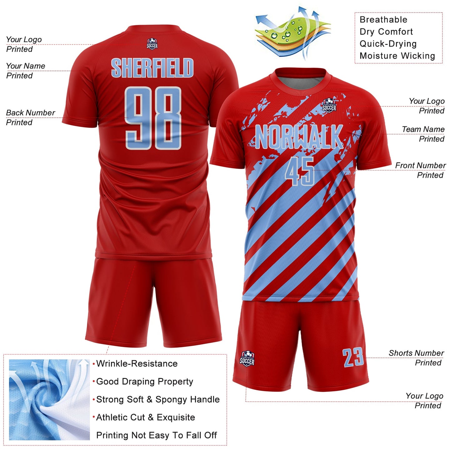 Custom Red Light Blue-White Distressed Diagonal Stripe Pattern Sports Sublimation Soccer Uniform Jersey view 4