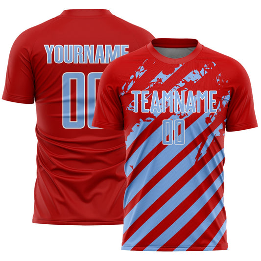 Custom Red Light Blue-White Distressed Diagonal Stripe Pattern Sports Sublimation Soccer Uniform Jersey - Main View