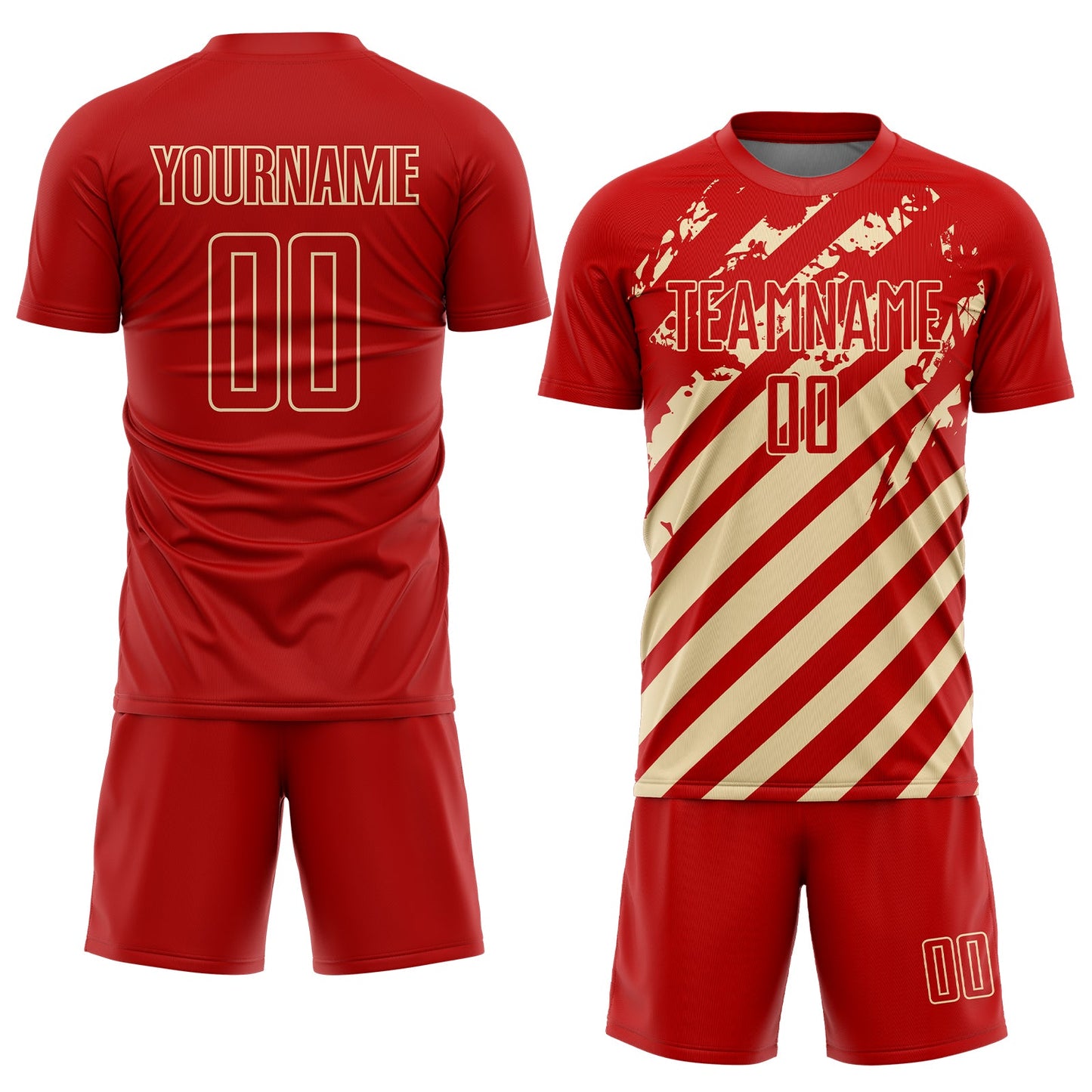 Custom Red Cream Distressed Diagonal Stripe Pattern Sports Sublimation Soccer Uniform Jersey view 2