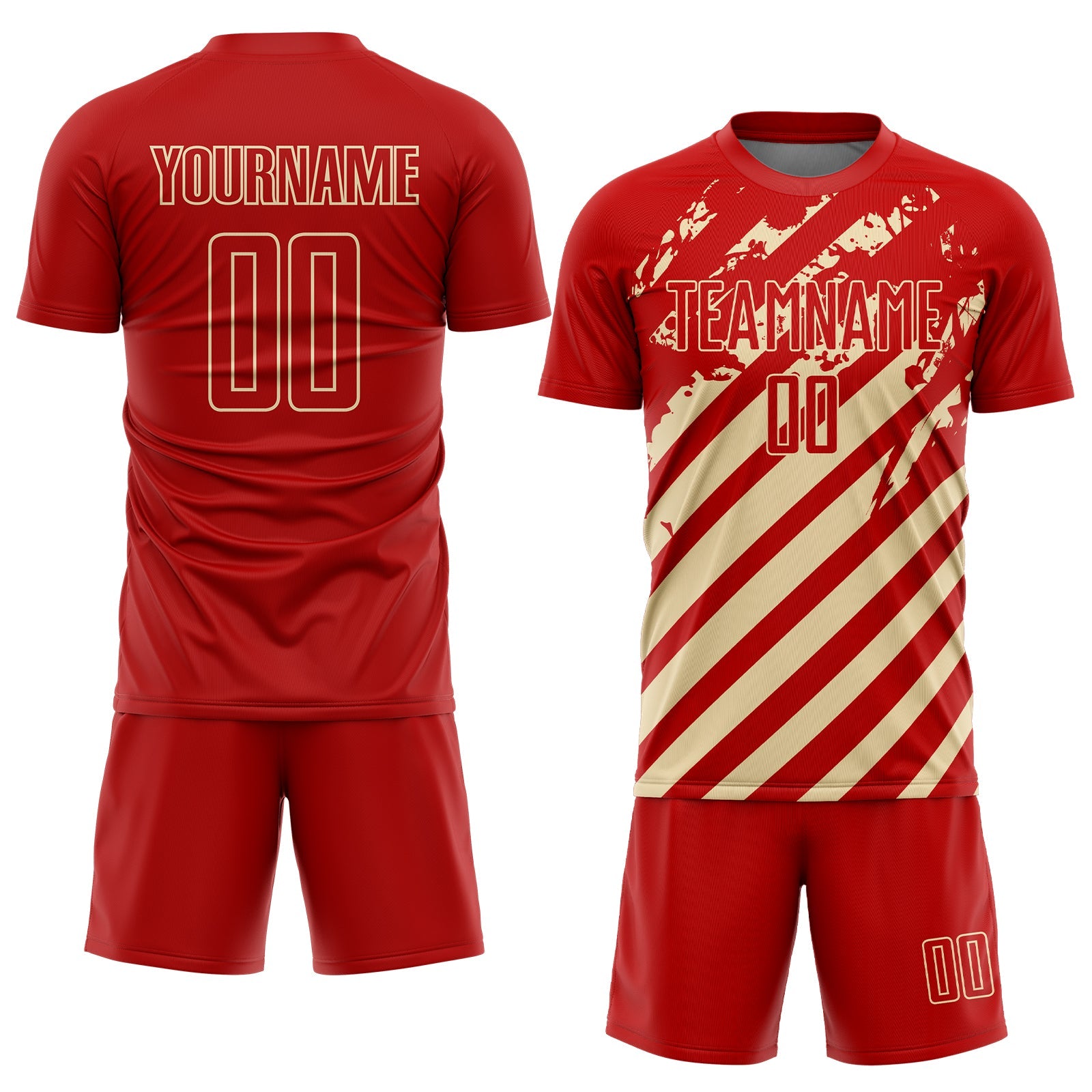 Custom Red Cream Distressed Diagonal Stripe Pattern Sports Sublimation Soccer Uniform Jersey view 2