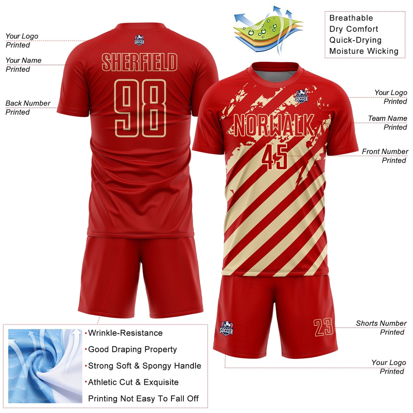 Custom Red Cream Distressed Diagonal Stripe Pattern Sports Sublimation Soccer Uniform Jersey view 4