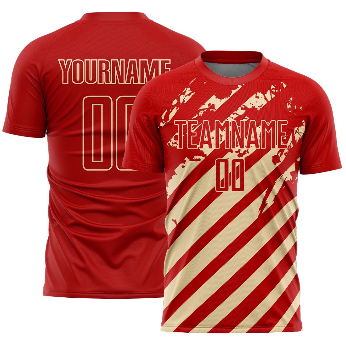 Custom Red Cream Distressed Diagonal Stripe Pattern Sports Sublimation Soccer Uniform Jersey - Main View