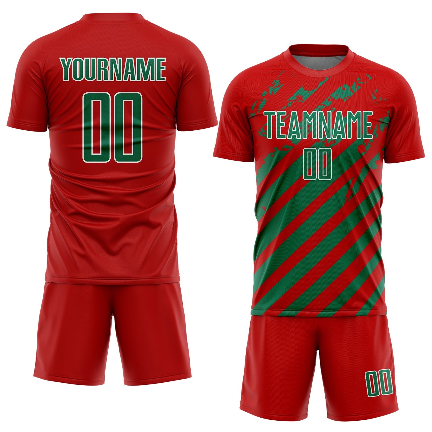 Custom Red Kelly Green-White Distressed Diagonal Stripe Pattern Sports Sublimation Soccer Uniform Jersey view 2