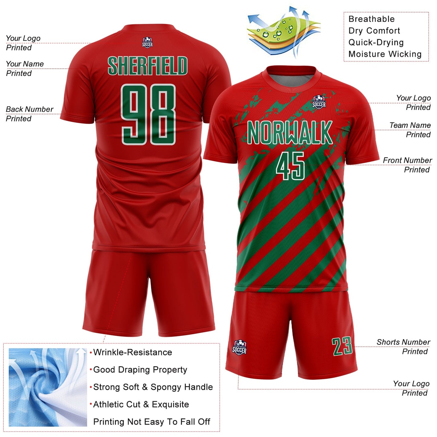 Custom Red Kelly Green-White Distressed Diagonal Stripe Pattern Sports Sublimation Soccer Uniform Jersey view 4