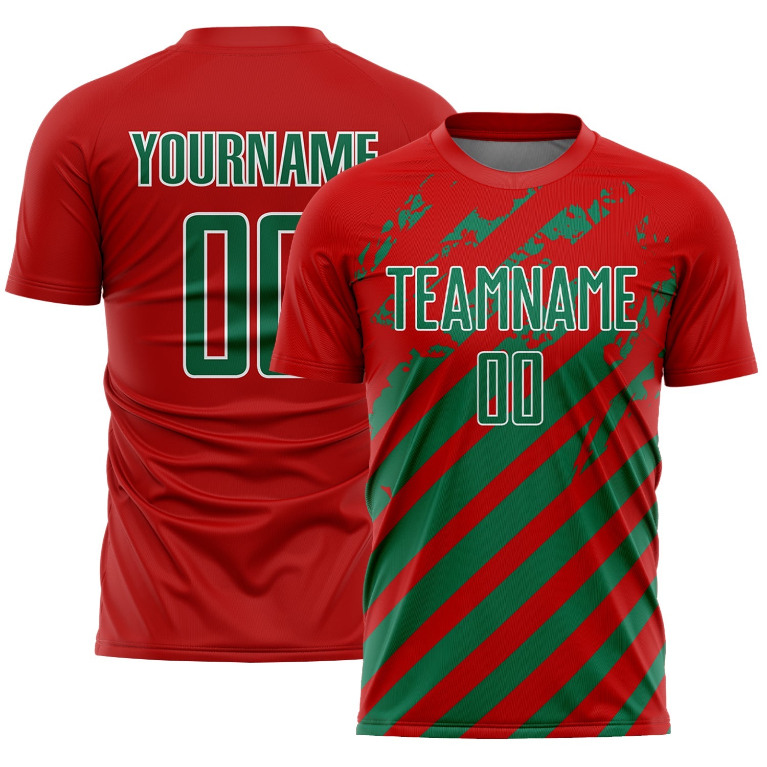 Custom Red Kelly Green-White Distressed Diagonal Stripe Pattern Sports Sublimation Soccer Uniform Jersey - Main View