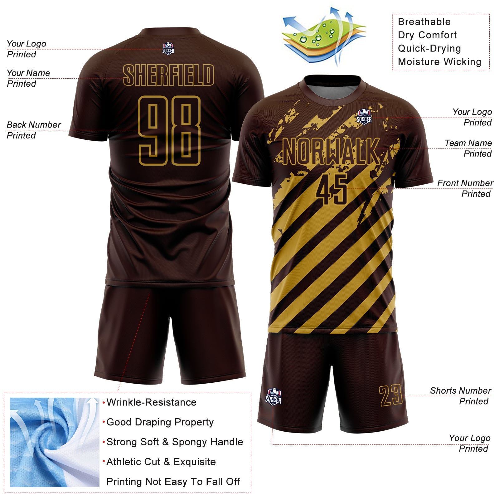 Custom Brown Old Gold Distressed Diagonal Stripe Pattern Sports Sublimation Soccer Uniform Jersey view 4