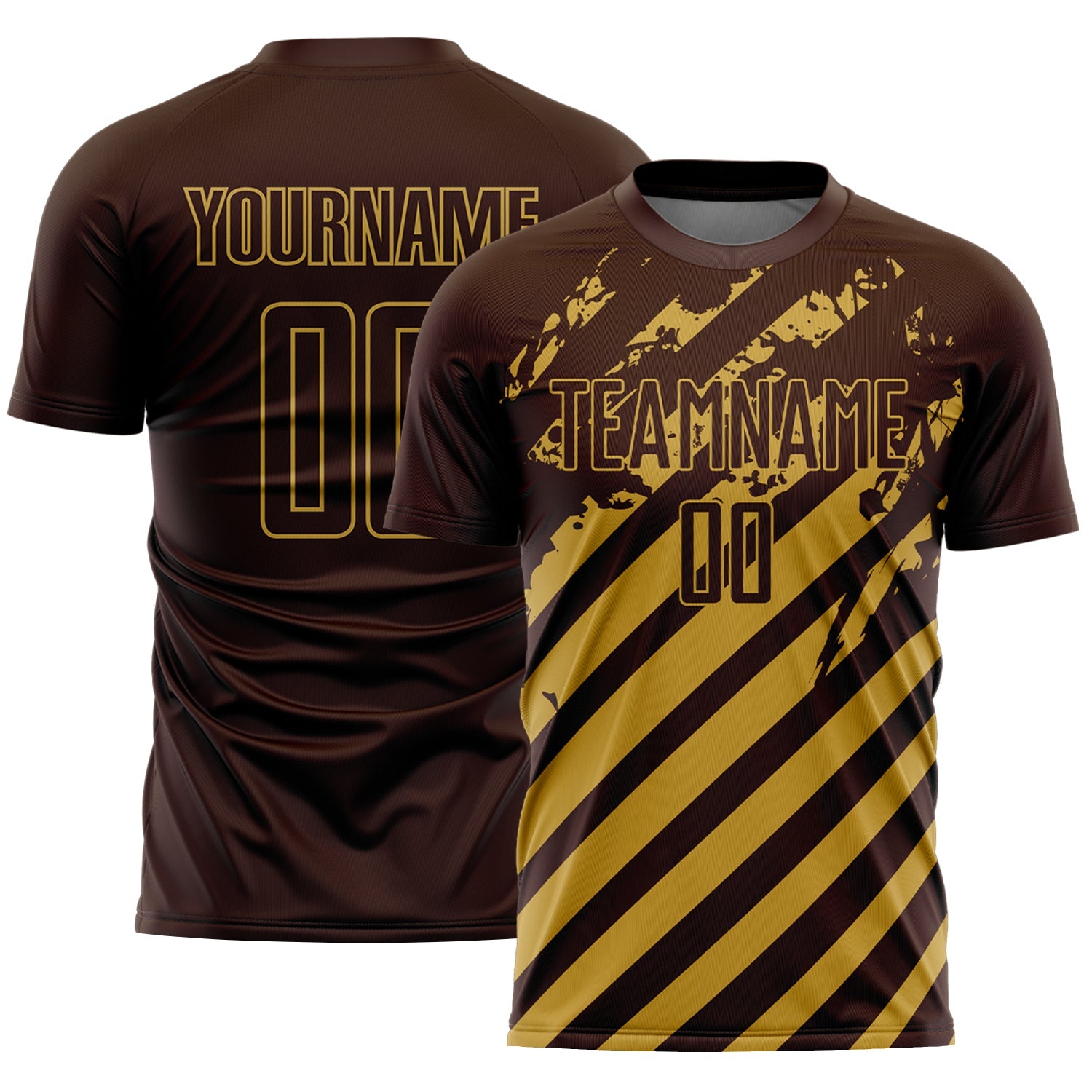 Custom Brown Old Gold Distressed Diagonal Stripe Pattern Sports Sublimation Soccer Uniform Jersey - Main View