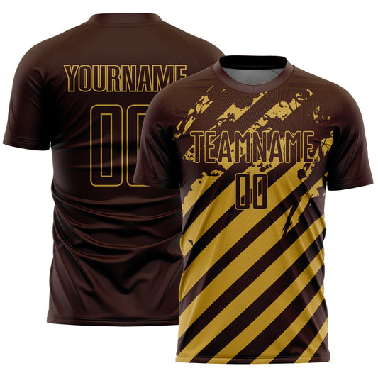 Custom Brown Old Gold Distressed Diagonal Stripe Pattern Sports Sublimation Soccer Uniform Jersey - Main View