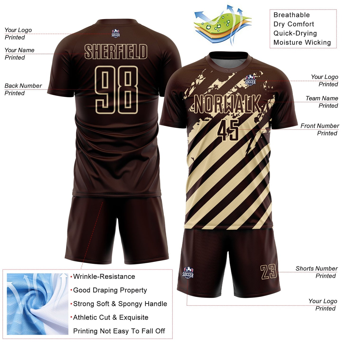Custom Brown Cream Distressed Diagonal Stripe Pattern Sports Sublimation Soccer Uniform Jersey view 4