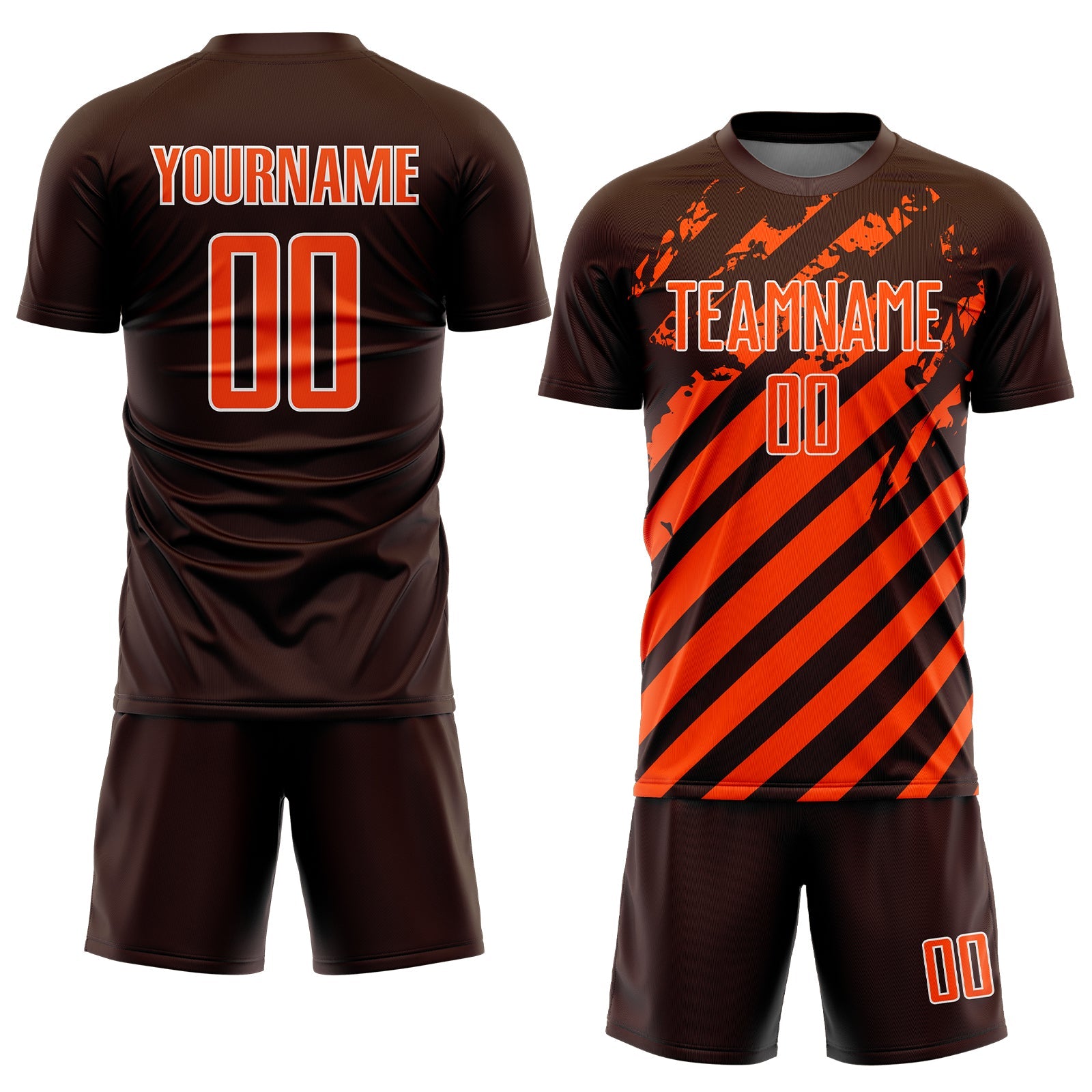 Custom Brown Orange-White Distressed Diagonal Stripe Pattern Sports Sublimation Soccer Uniform Jersey view 2