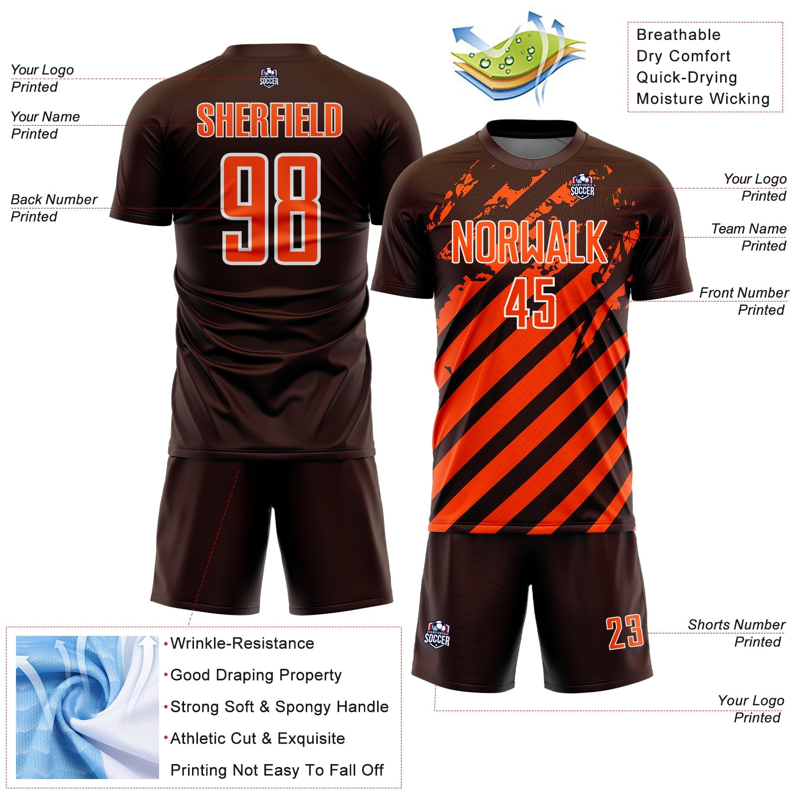 Custom Brown Orange-White Distressed Diagonal Stripe Pattern Sports Sublimation Soccer Uniform Jersey view 4